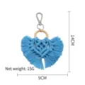 Handmade blue macrame heart keychain with tassel bag charm and wooden ring detail - Blue