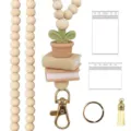 Wooden bead lanyard set with silicone potted plant book charms ID badge holder for teachers. - Style G Flower Pot & Book
