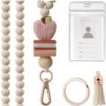 Wooden Beaded Lanyard Teacher ID Badge Holder with Silicone Apple Tassel Keychain - Style C Book & Heart Lanyard