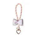 Handmade embroidered bow keychain with macaron braided lanyard and gold heart buckle - White