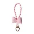 Pink macaron embroidered bow keychain with braided lanyard and heart-shaped metal clasp - Pink