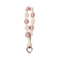 Hand-woven pink and white flower phone lanyard wrist strap with pearls and heart clasp - Beige