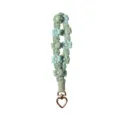 Handmade crochet daisy flower phone wrist strap with white pearls and gold heart clasp - Bean Paste Green