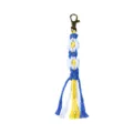 Handmade blue and yellow macrame flower keychain bag charm with cotton tassel detail - 18.5x2cm / Blue & White