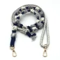 Handwoven floral cotton rope shoulder strap with gold metal clasps in navy and grey - Gray
