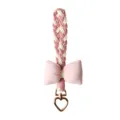 Braided pink and white phone lanyard featuring a soft fabric bow and heart metal clasp - Wristlet Short Style (B) / Pink