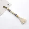 Bohemian MAMA Holzperlen Schlüsselanhänger mit Makronenfarben und cremeweißem Quastenanhänger - 20cm / Graue Perle