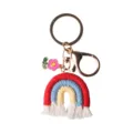 Handmade colorful crochet rainbow keychain with tassel and a small flower bag charm - 3.93in*1.57in / Red + Light Blue