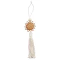 Handmade Bohemian rattan woven wall hanging with cotton rope tassel and wooden bead - Beige Sun / 25cm