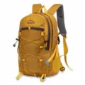 Lightweight outdoor backpack detail showing front bungee cord and reflective safety strips - Yellow