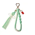 Handmade woven cotton rope keychain with green flower and lucky cat charm - 20cm / Aqua Green