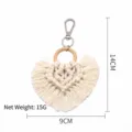 Handmade macrame heart keychain with cream cotton fringe and natural wooden ring - Off White