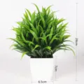 Artificial green plant in white square pot detail view with size dimension labels. - Spring Grass Potted Plant