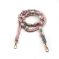 Handmade braided cotton rope shoulder strap with pink and white floral macrame design - Cream White + Grey
