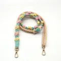 Handmade woven cotton rope bag strap featuring pink and yellow floral patterns and gold clips - Light Pink