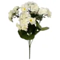Detailed view of artificial white geranium flowers with realistic green leaves. - White