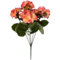 Detailed view of pink and yellow artificial geranium flowers with realistic green leaves - Orange Pink
