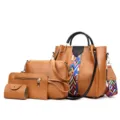 4-piece vintage brown PU leather handbag set with colorful geometric strap - Four-Piece Set / Brown