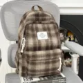 Retro plaid plush backpack for women, autumn and winter casual student school book bag brown. - No Pendant / Brown