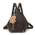 Vintage brown triangular backpack for women featuring a cute teddy bear plush charm - With Pendant / Brown