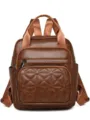 Sac a dos elegant en cuir PU marron avec poche matelassee et poignee superieure variante - Beige
