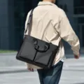 Men's stylish black business briefcase large capacity shoulder messenger bag for daily work. - Black
