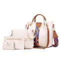 Retro four-piece women's handbag set in cream white with colorful geometric straps - Four-Piece Set / White