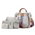 4-piece gray synthetic leather handbag set with vintage woven strap detail - Four-Piece Set / Gray