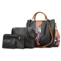 Black retro 4-piece women's bag set with colorful ethnic patterned straps and accents. - Four-Piece Set / Black