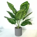 Artificial potted plant fake green foliage with grey pot for home decor interior 1pc - Peacock Leaf Potted Plants