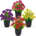 Four colorful artificial mini potted plants in black pots for home office desk decor - Black Round Pot / 4 Pots