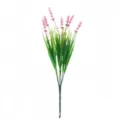 Detailed close-up of artificial lavender bouquet with vibrant pink flower spikes and green leaves. - Pink