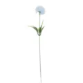 Detailed view of single light blue artificial pom-pom chrysanthemum stem with green leaves - Blue