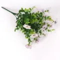 Detailed view of artificial eucalyptus and violet bouquet with white purple-veined petals - White