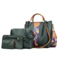 Stylish dark green 4-piece women's handbag set with colorful geometric pattern straps - Four-Piece Set / Green