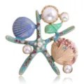Creatieve zeester en schelp broche met parels en kleurrijke strass steentjes luxe - Lichtblauw