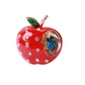 A close-up detailed shot of a red enamel apple brooch adorned with sparkling crystal rhinestones - Apple Brooch