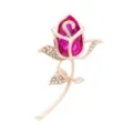 Close-up of rose gold brooch with faceted magenta crystal and sparkling rhinestones - Rose Red
