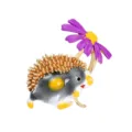 Close-up of a cute hedgehog brooch with enamel daisy detail and golden spikes. - Purple Flower