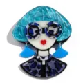 Broche de acrílico de moda con niña de pelo azul y gafas de sol con estampado de leopardo - Pelo Azul Gafas Redondas Leopardo (F3-4-153)