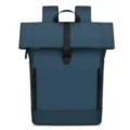Detailed front view of a dark blue roll-top business casual backpack with buckle. - Green