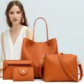 Stijlvolle oranje vierdelige handtassenset voor dames inclusief shopper en crossbody tas - Handtassen Collectie / Bruin