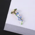 Creative cartoon frog brooch with blue enamel and pearl detail on green leaf design - Frog on Lotus Leaf