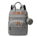 Gray Oxford mommy backpack with large capacity and detachable small round pouch. - Gray