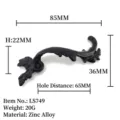 Detail view showing dimensions and material of black vintage phoenix drawer pull - Scroll Pattern Style (LS749) / Hole Distance 65mm / Black