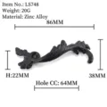 Detailed dimensions of a black European-style phoenix drawer pull handle in zinc alloy - Leaf Pattern Style (LS748) / Hole Distance 64mm / Black