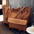 Braune PU Leder Handtasche mit passender Clutch, lässige große Schultertasche für Damen. - Braun