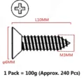 M3 x 10mm cross recessed flat head self-tapping screw technical diagram with size specs - 100g (Approx. 240 pcs) / M3*10