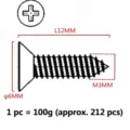 Technical diagram of M3x12mm cross countersunk self-tapping screws, 212pcs per 100g - 100g (Approx. 212 pcs)