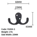 Matte black zinc alloy double clothes hook with dimension specifications for wall - Matte Black Double Hook (YG004-3) / YG004-3